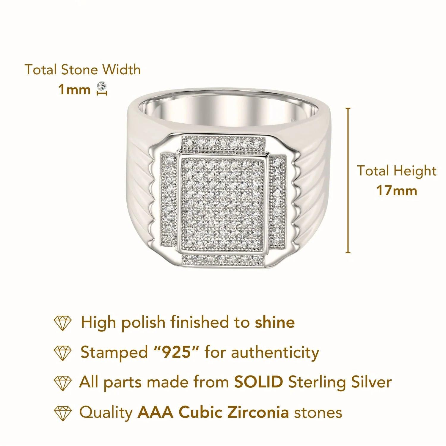 Bold 925 Sterling Silver Pave Square Signet Pinky Ring – Perfect Luxurious Gift for Anniversaries & Everyday Elegance.