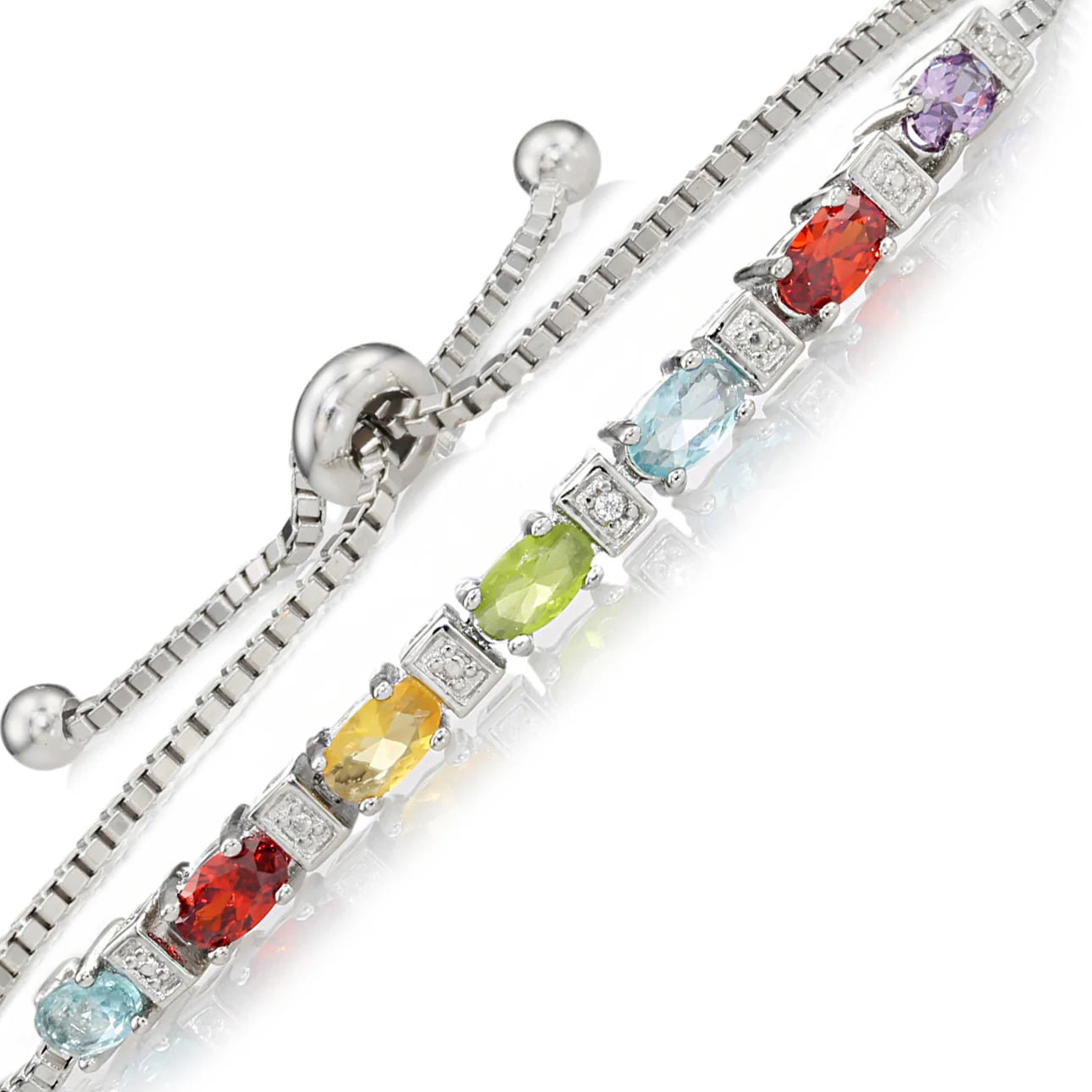 Sterling Silver Multicolor Rainbow CZ Bracelet, Adjustable Length
