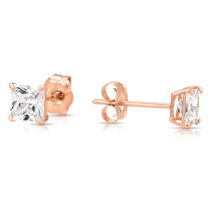 Stunning 14K Rose Gold Princess-Cut CZ Square Stud Earrings - 4mm with Secure Push-Backs.