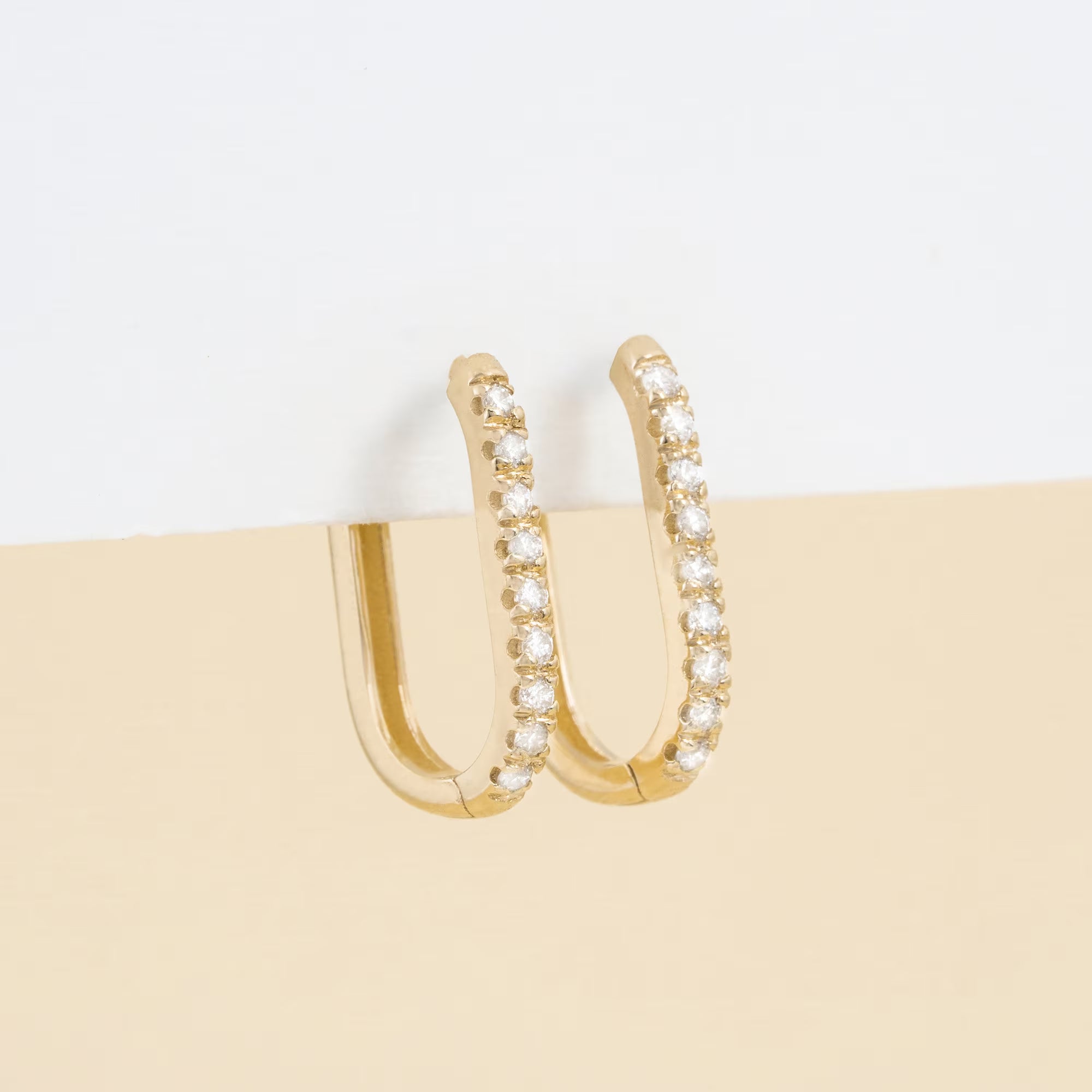 14K Gold Diamond Huggie Earrings, Micro Pave U-Hoop