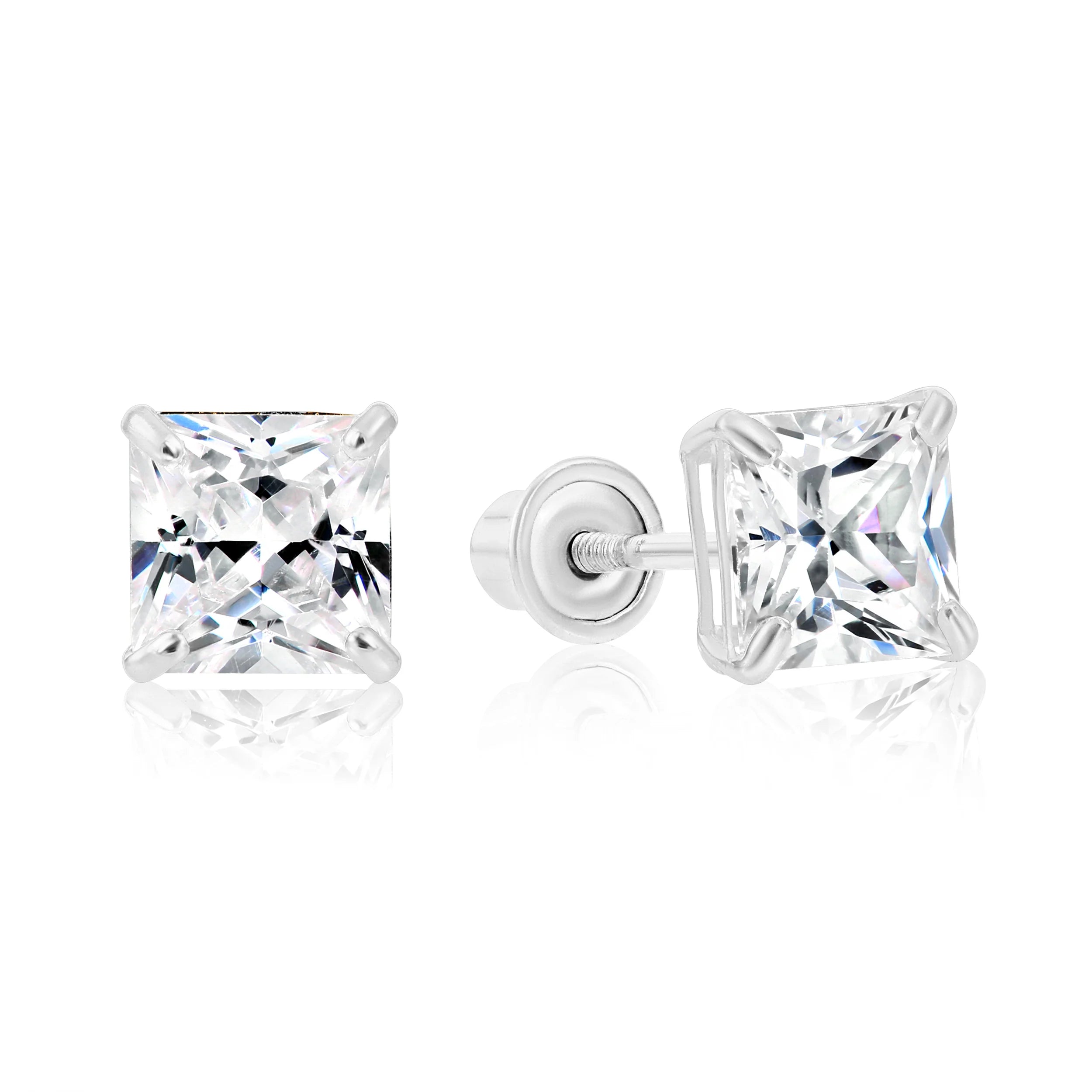 14K White Gold Square Zirconia Stud Earrings, Screwback