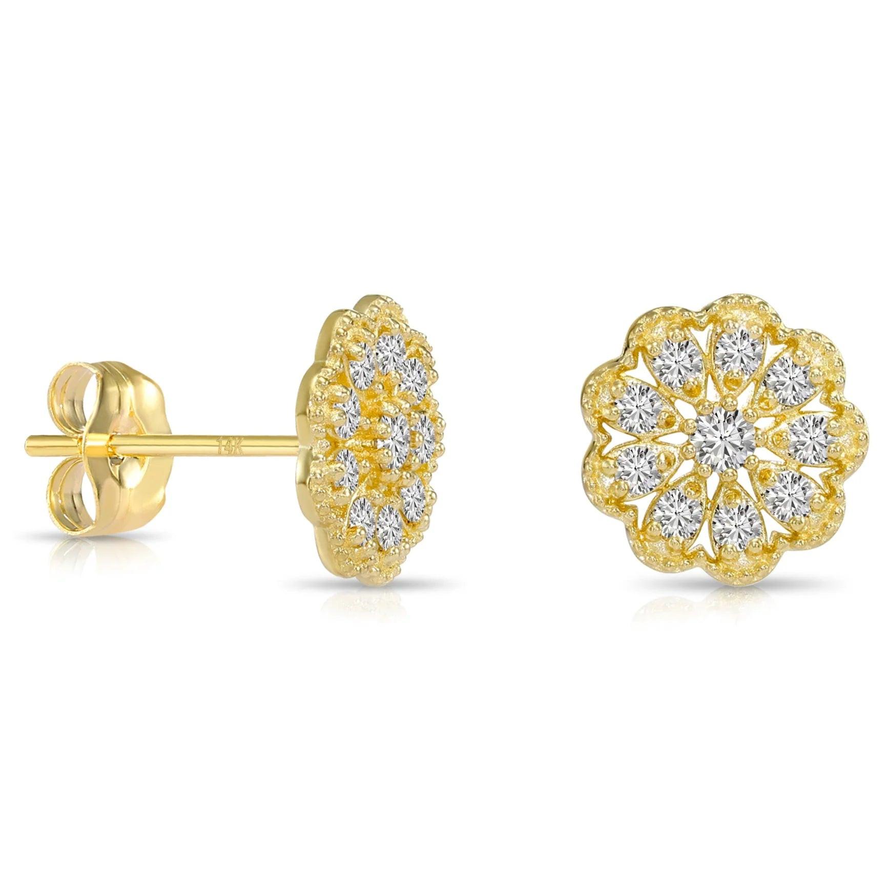 Stunning 14K Gold Lab Diamond Flower Halo Stud Earrings - 0.18Ctw with Secure Pushbacks.