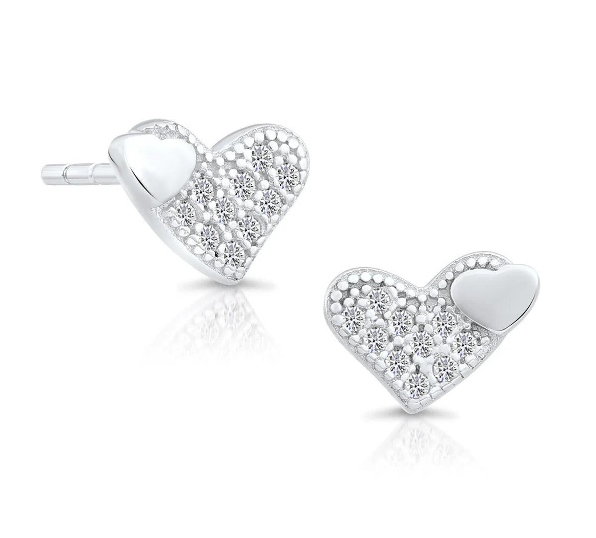 Elegant Sterling Silver CZ Double Heart Stud Earrings.