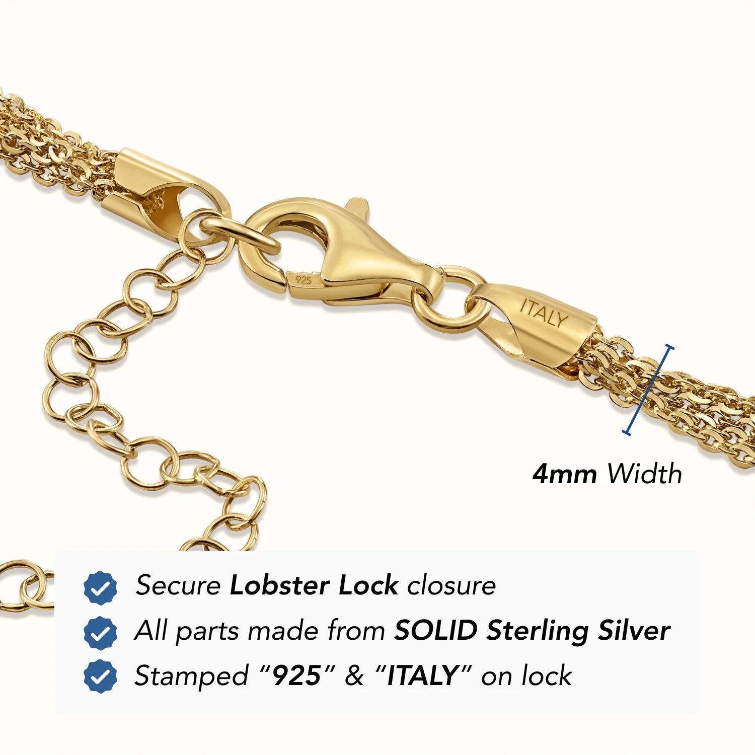 925 Sterling Silver Gold Plated Italian Multi-Row Cable Chain Bracelet, Adjustable 7"-8"