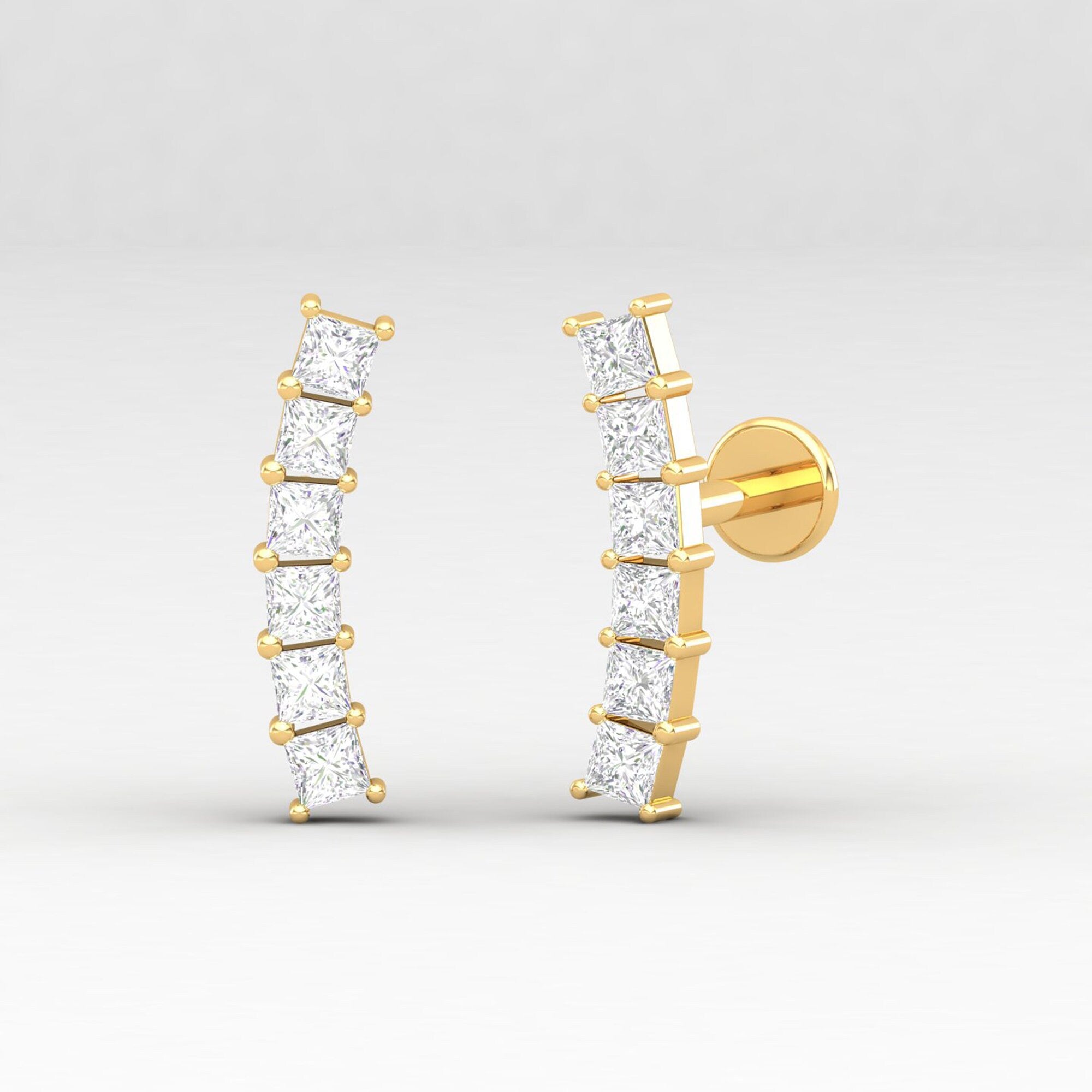 Princess Diamond Ear Climber, Princess Diamond Ear Crawler, Gift Idea , Earring for Women, Princess Cut Diamond Earrings, Diamond Earrings