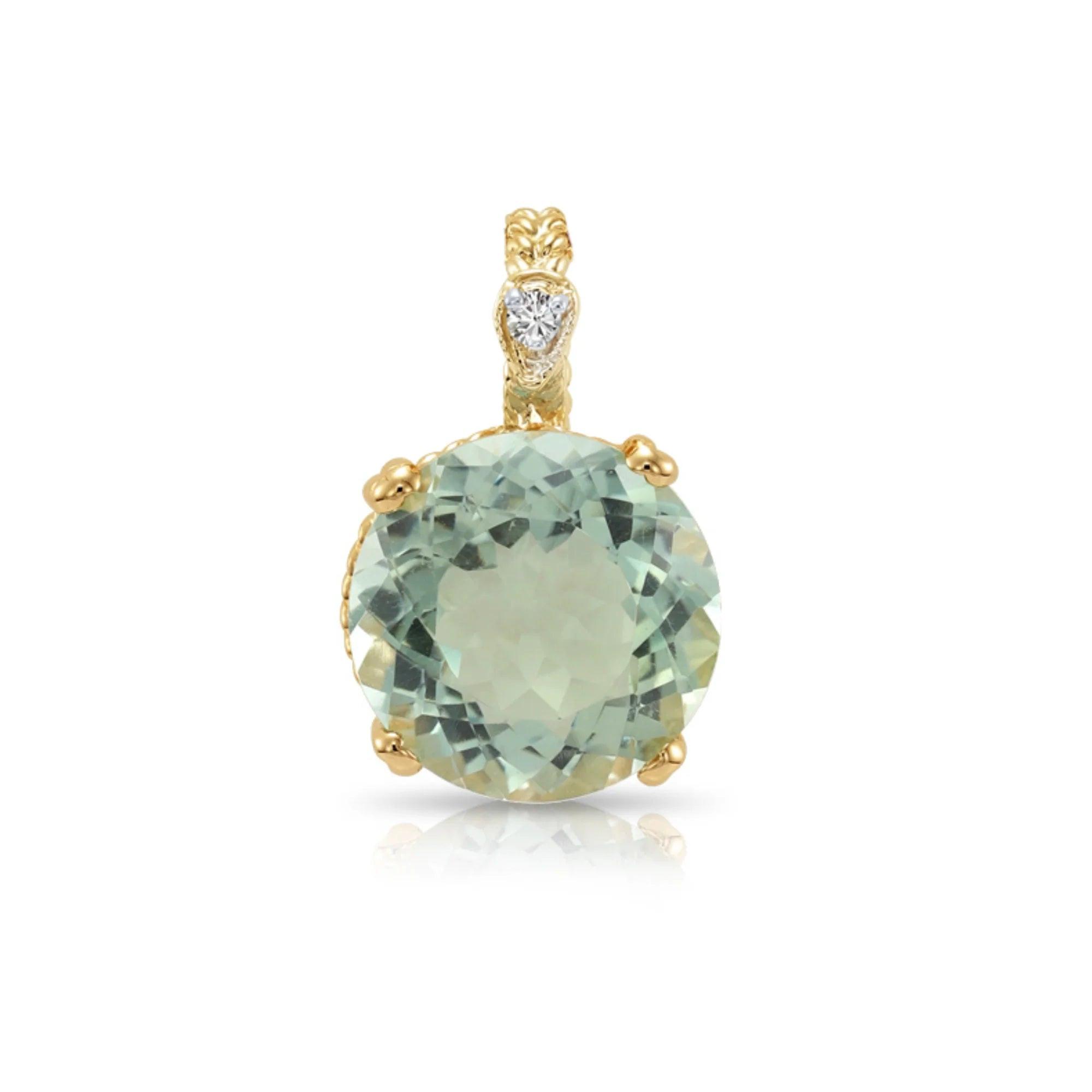 Elegant 14K Yellow Gold Green Amethyst & Diamond Pendant Necklace.