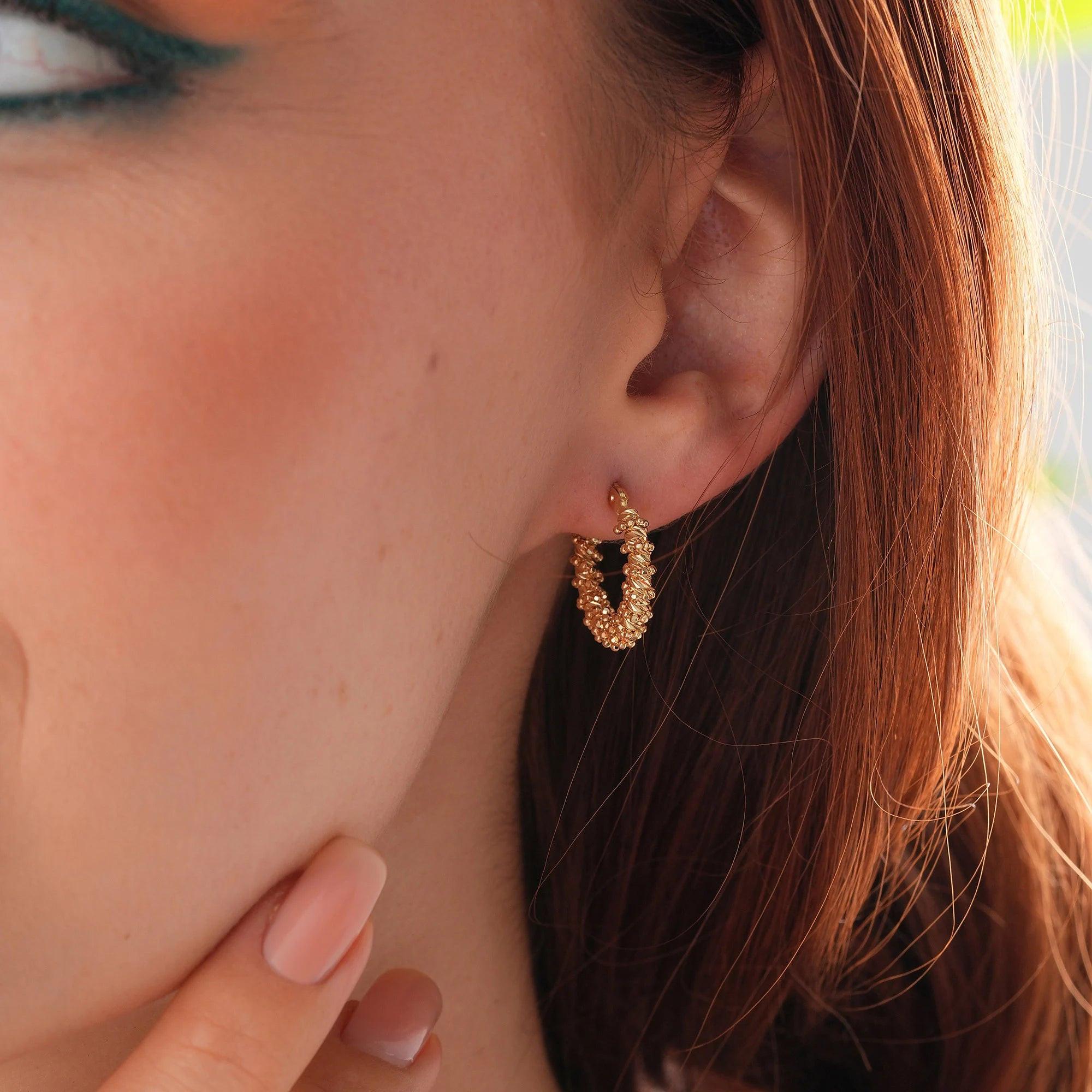 14K Solid Yellow Gold Minimalist Dainty Dorica Beaded Ball Huggie Hoop Earrings - Perfect Gift for Her!.