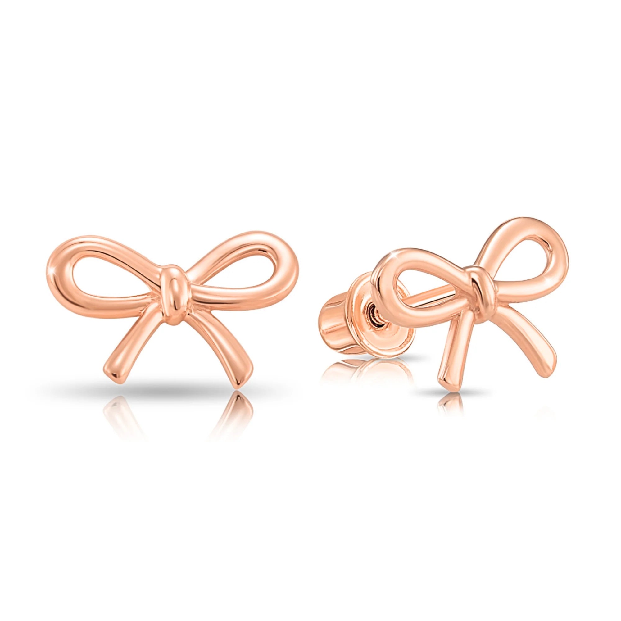 14K Solid Rose Gold Ribbon Bow Stud Earrings, with Secure Screw-Backs