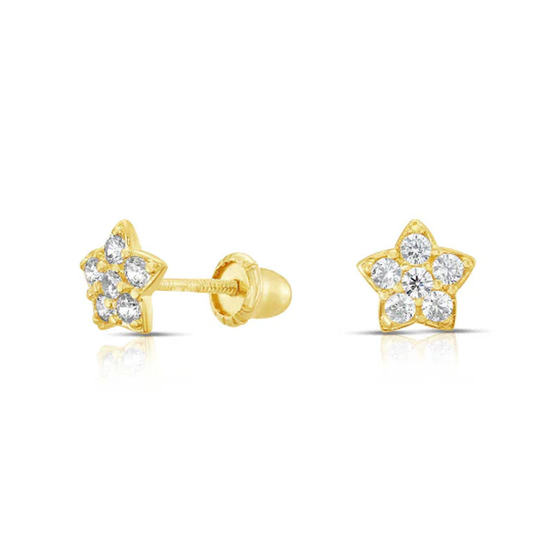 10K Yellow Gold Star Stud Earrings with Simulated Diamond and Secure Screw-Backs