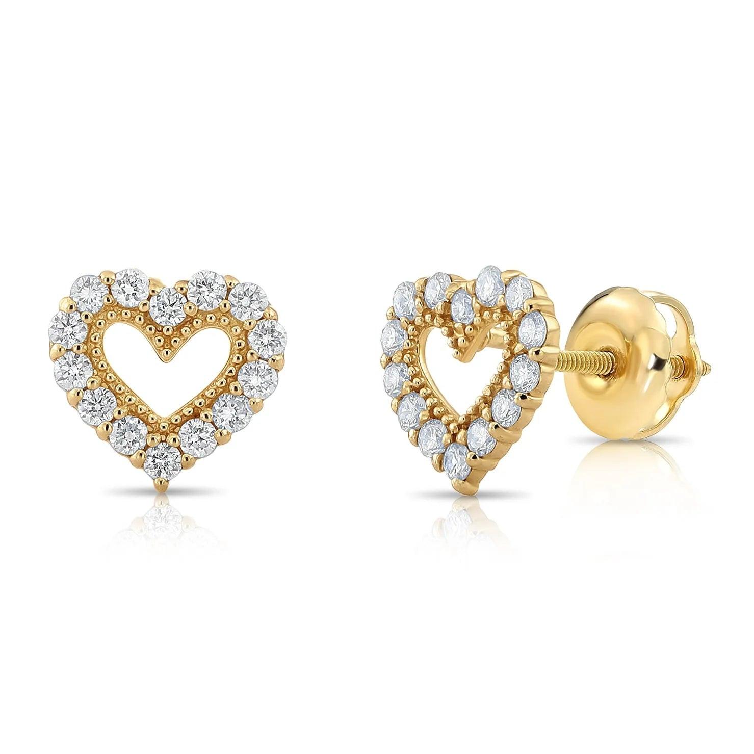 Stunning 14K Yellow Gold Heart Lab Diamond Studs - 0.25ctw with Secure Screwback Closure.
