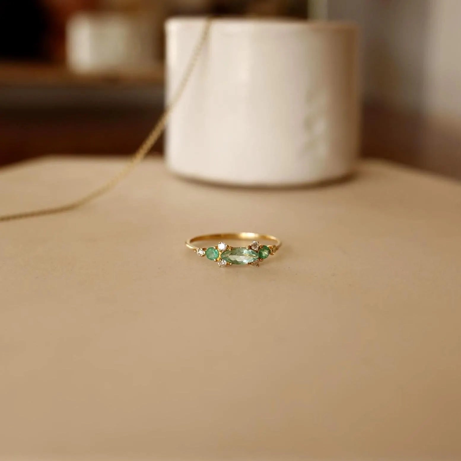 Emerald and Diamond Ring, 18Ct Yellow Gold, Navette Emerald, Handmade Fine Jewellery