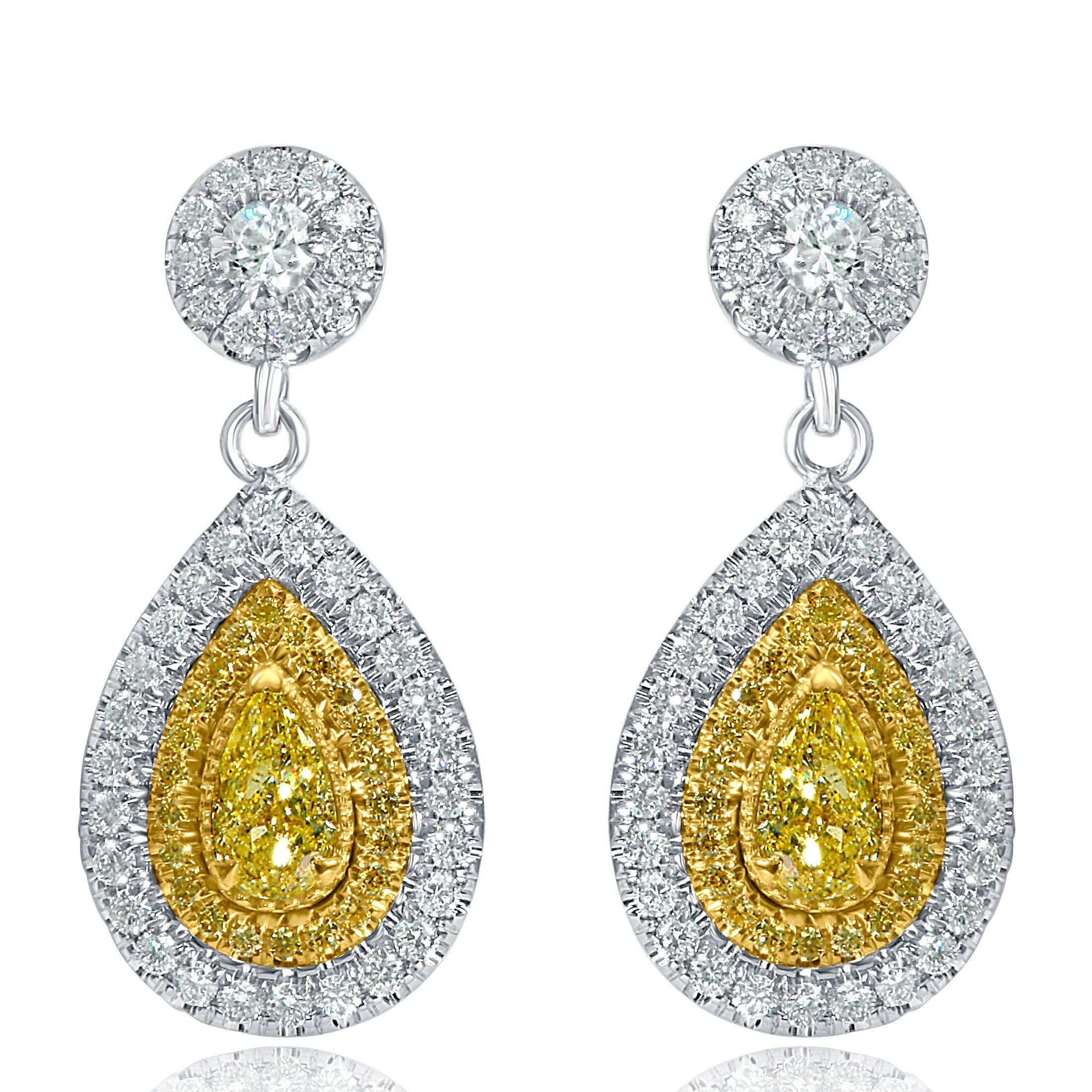 1.62Ct Fancy Yellow Pear Diamond Drop Earrings, 14K White Gold