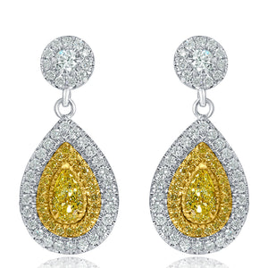 1.62Ct Fancy Yellow Pear Diamond Drop Earrings, 14K White Gold