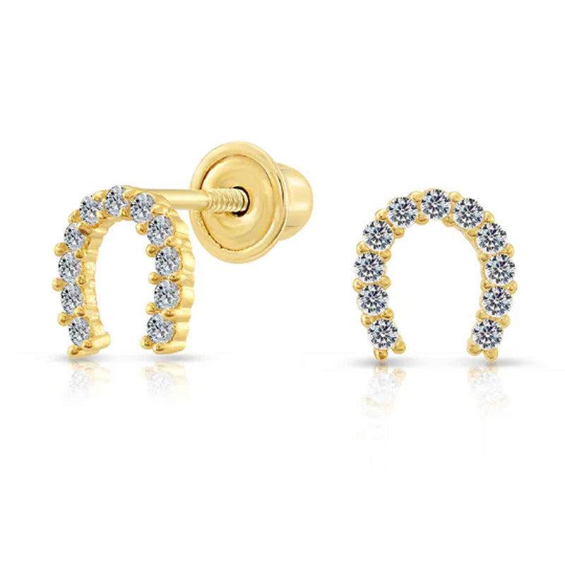 10K Gold Tiny Cute Lucky Horseshoe Stud Earrings, Screwback