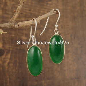 Green Jade Earrings: Oval Cabochon, 925 Sterling Silver Bezel