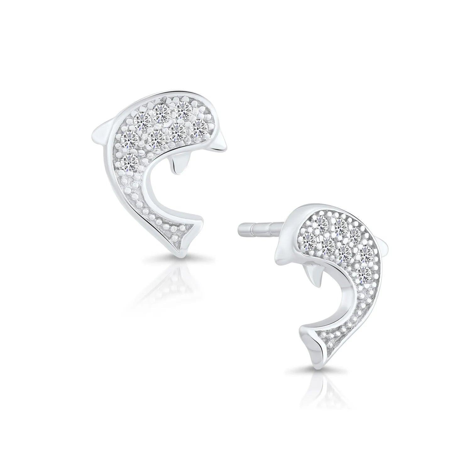 Sparkling CZ Dolphin Stud Earrings in Premium Sterling Silver.