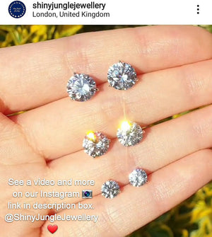 Diamond Stud Earrings, 0.5, 1 & 2 Carat Man Made Diamond Simulant Studs, 14K White Gold Plated Silver 3 Prong Set, Mothers Day Gift with Box