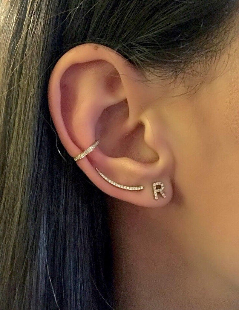 Diamond Ear Crawler, 14K Gold Curved Cuff (Single)