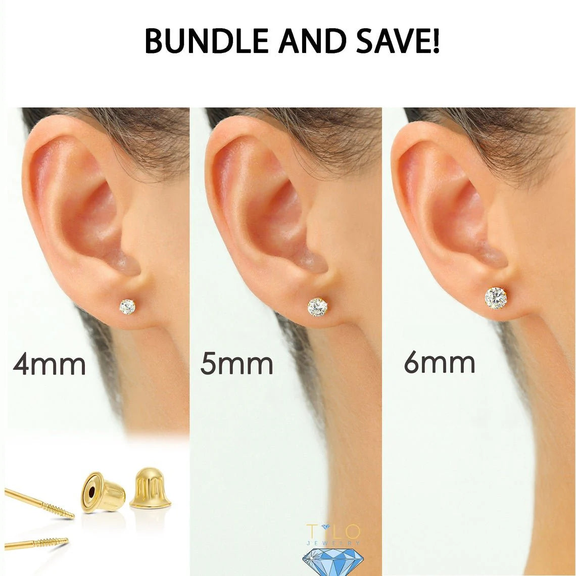 Bundle Set of 3! 14K Gold Classic Solitaire Stud Earrings, Screw-Back