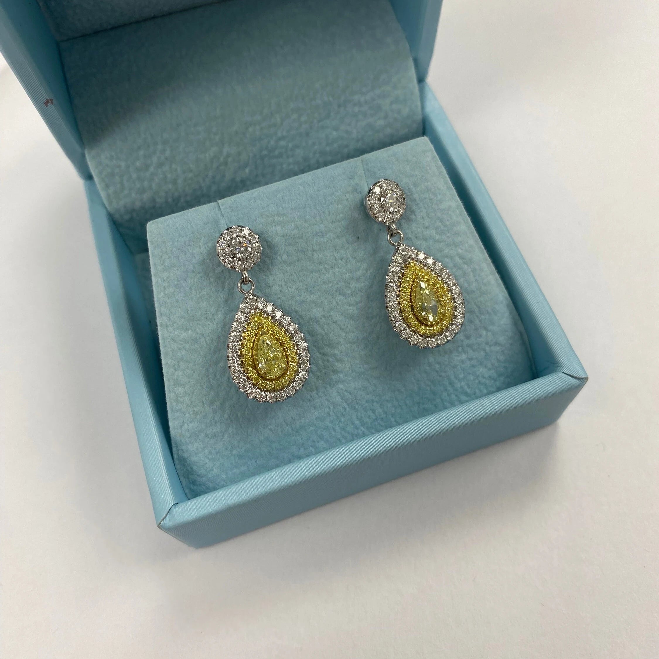 1.62Ct Fancy Yellow Pear Diamond Drop Earrings, 14K White Gold