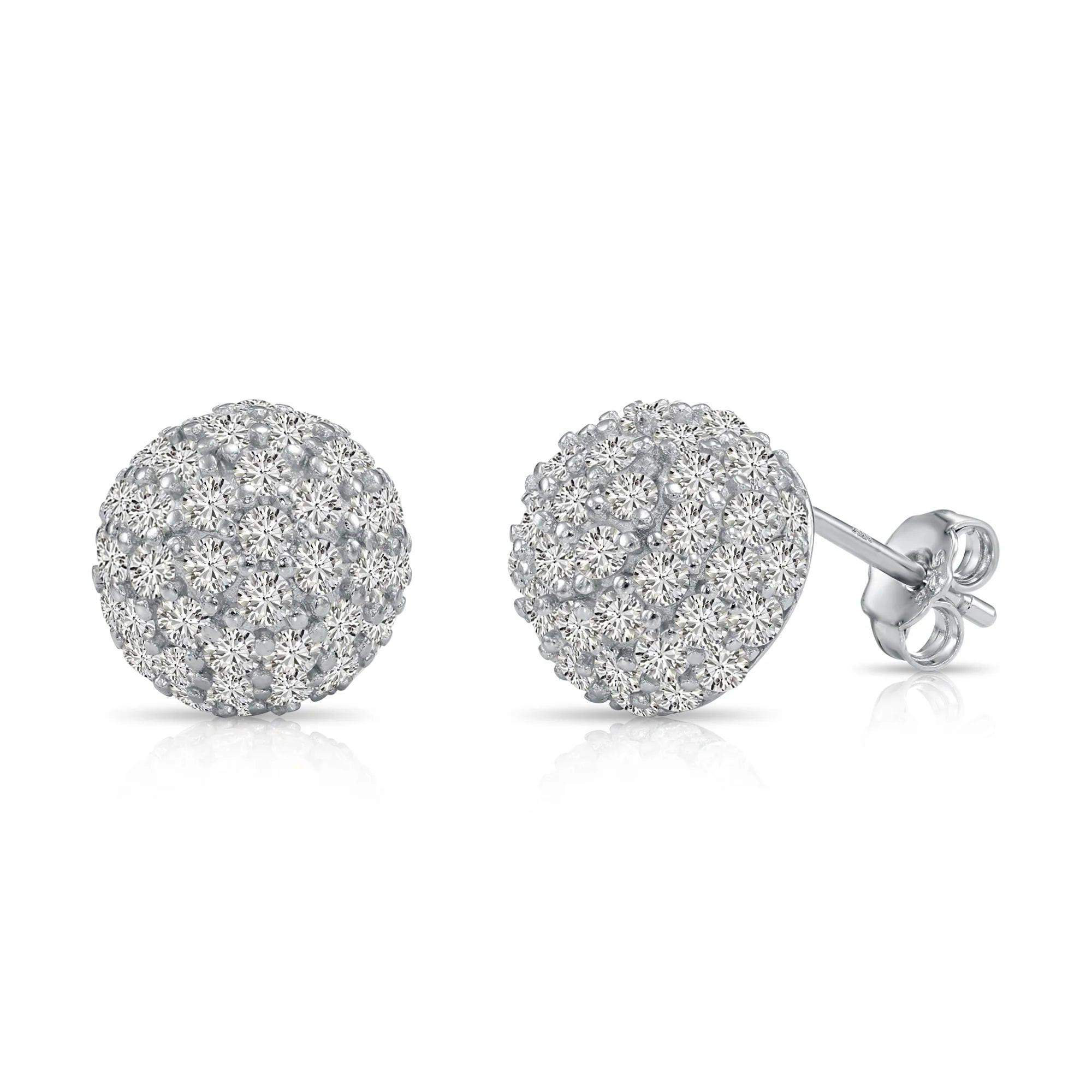 Elegant Sterling Silver Half Ball Stud Earrings with Sparkling Simulated Diamonds.