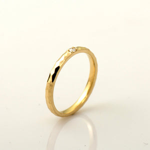 2 Mm Hammered Textured Ring, Single Diamond Ring, 14K / 18K Yellow Gold, Stack Diamond Band, Tiny Diamond Ring, Wedding Band, Promise Ring