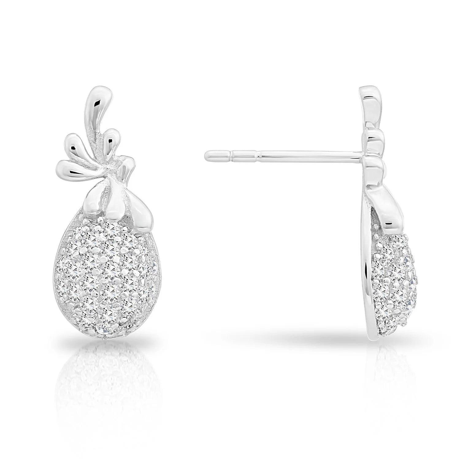 Sterling Silver Pineapple Stud Earrings with CZ - Tropical Fruit Charm.