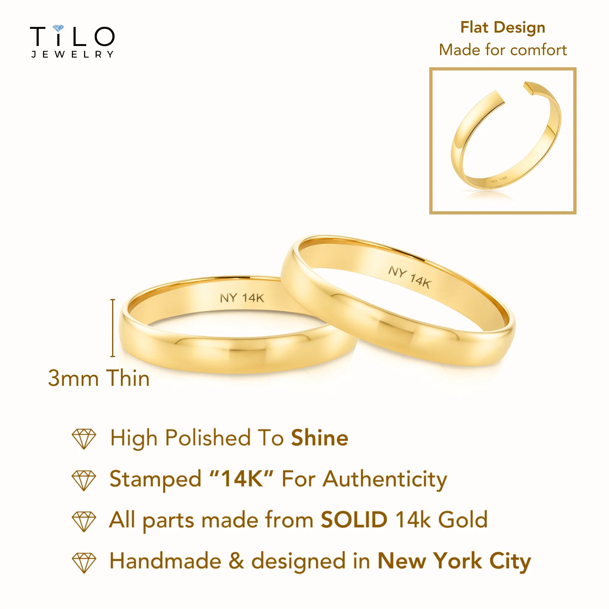 14K Yellow Gold Classic Wedding/Engagement Band Ring, 3Mm Thin