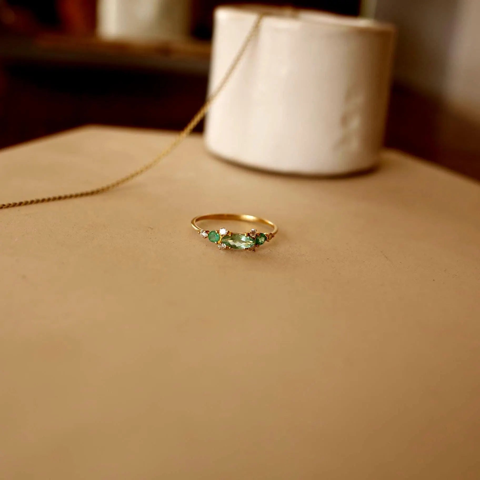 Emerald and Diamond Ring, 18Ct Yellow Gold, Navette Emerald, Handmade Fine Jewellery
