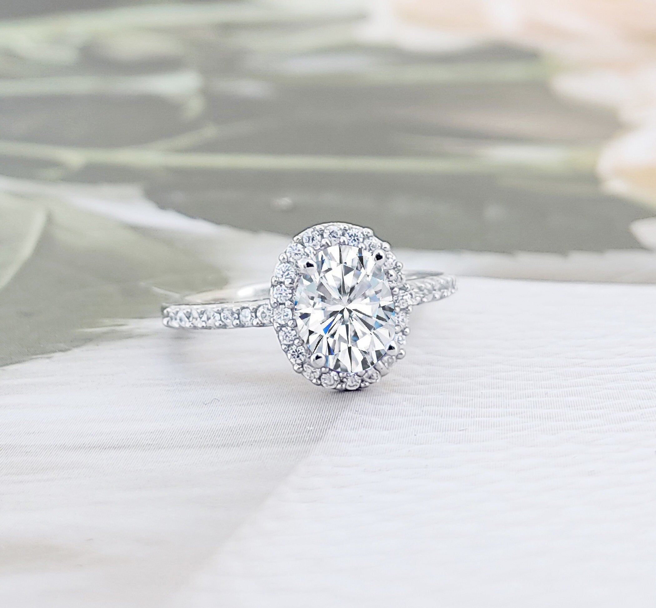 Oval Halo Engagement Ring: 925 Sterling Silver CZ Wedding Ring