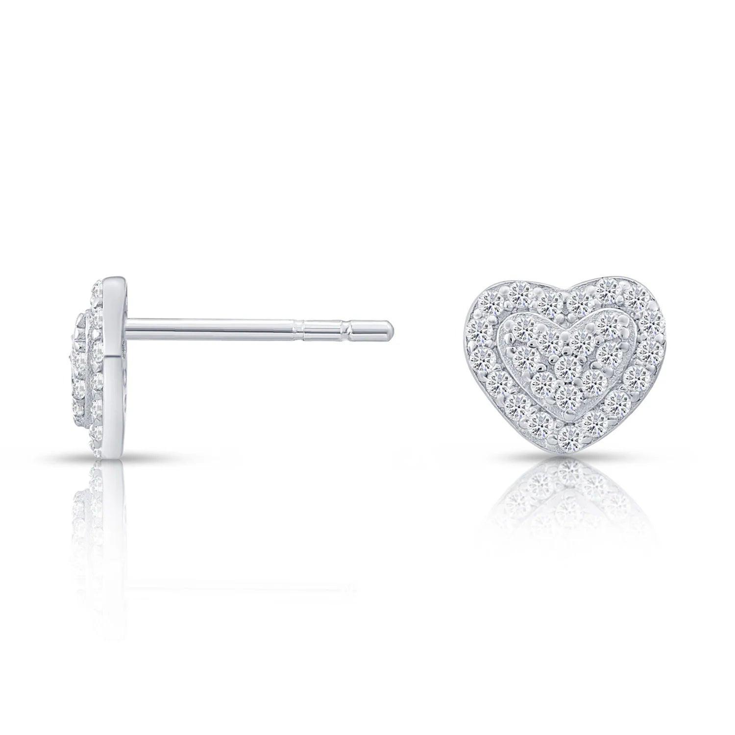 Elegant Double Heart CZ Stud Earrings in Sterling Silver.