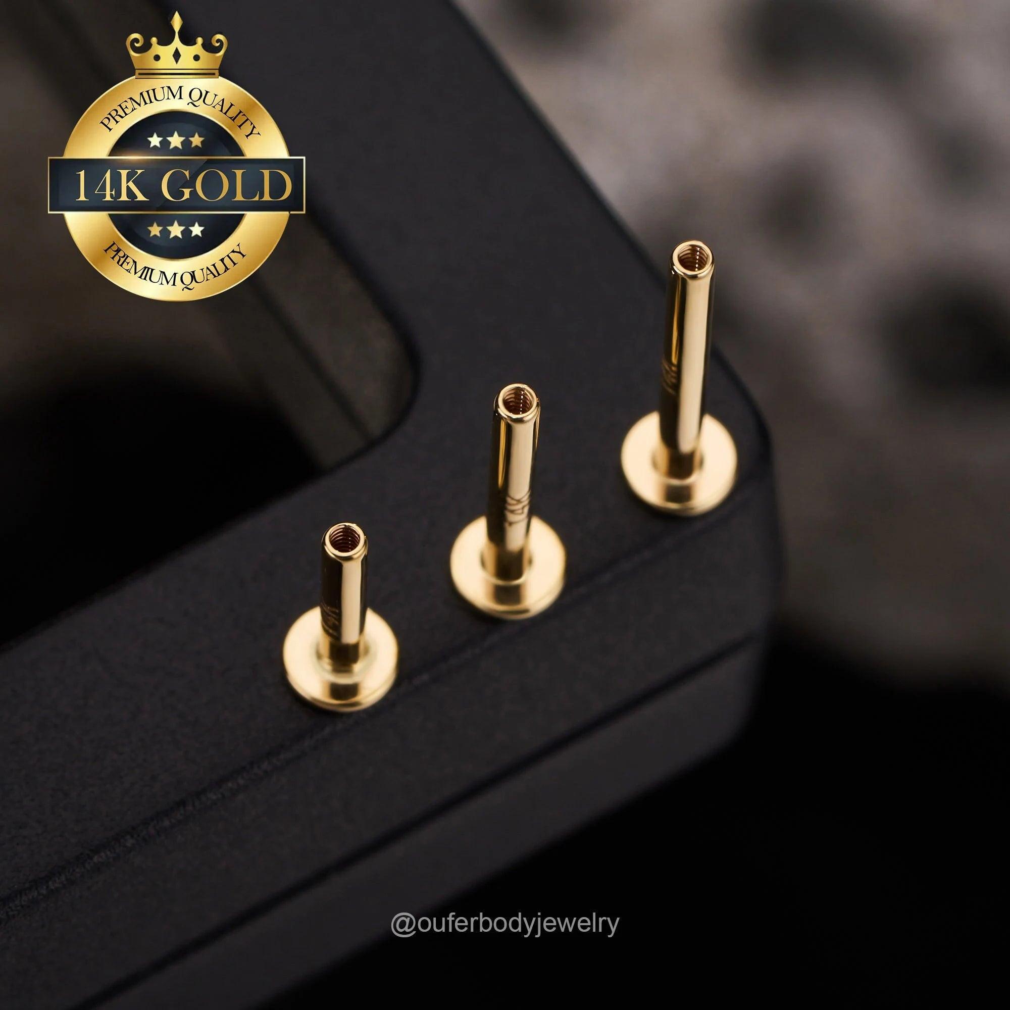 14K Solid Gold Internally Threaded Labret Studs - Available in 5mm, 6mm, 8mm, and 10mm for Cartilage, Helix, and Tragus Piercings.