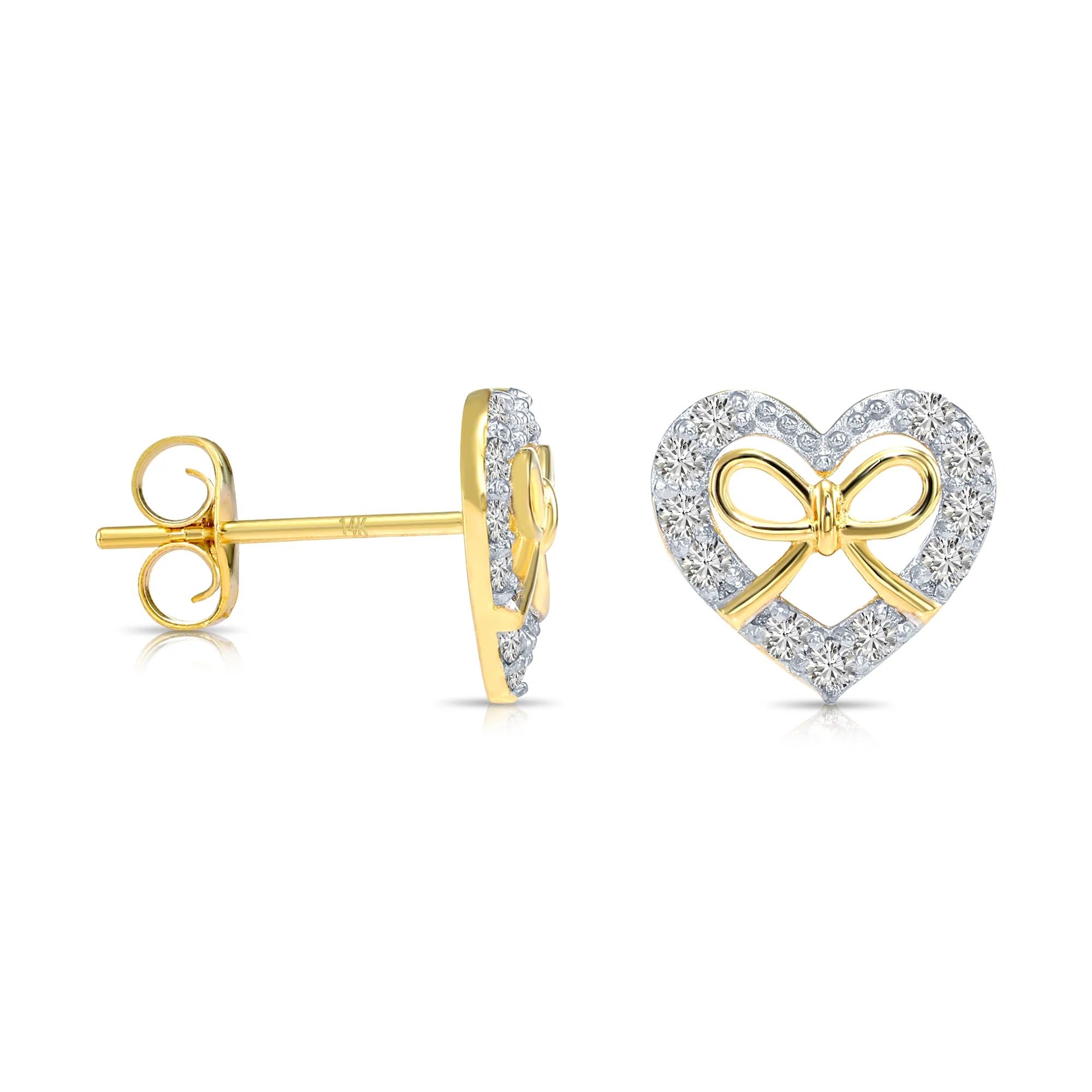 14K Gold Lab Diamond Heart & Bow Stud Earrings with Pushbacks, 0.20Ctw