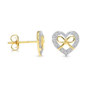 14K Gold Lab Diamond Heart & Bow Stud Earrings with Pushbacks, 0.20Ctw
