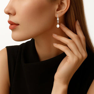 Elegant 925 Sterling Silver Double Pearl Drop Earrings - Freshwater Cultured White Pearls.