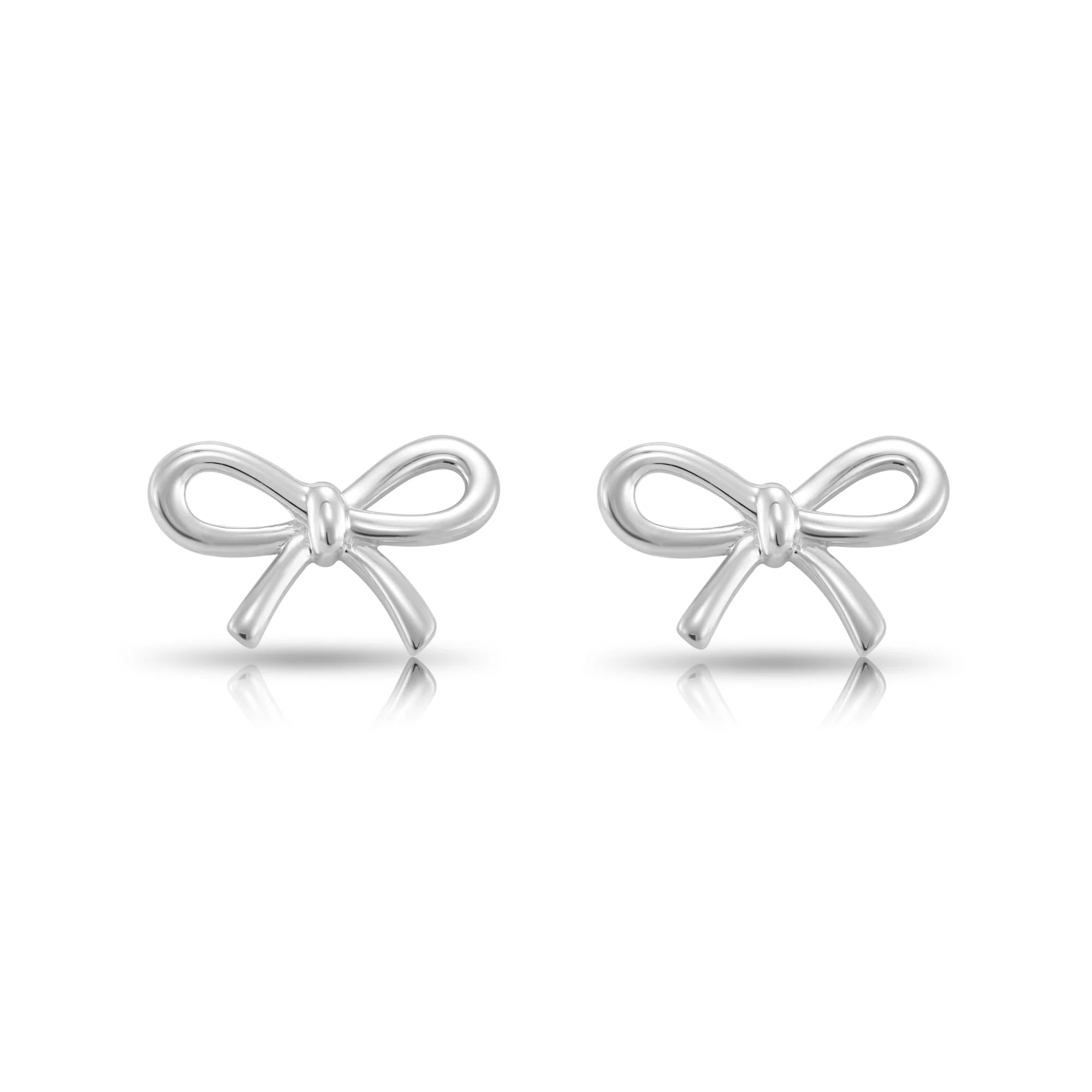 14K Solid White Gold Ribbon Bow Stud Earrings, with Secure Screw-Backs