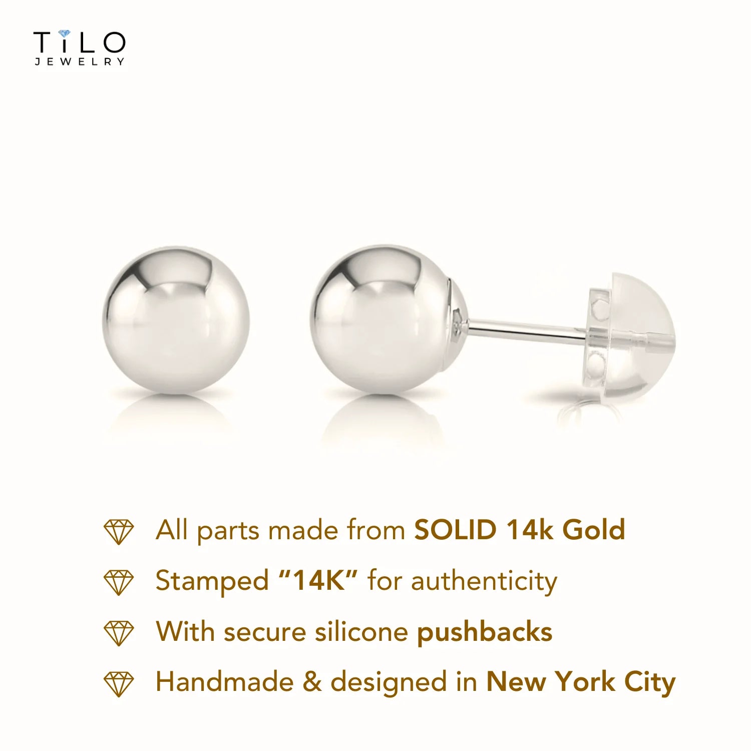 14K White Gold Ball Stud Earrings with Silicone Gold Pushbacks
