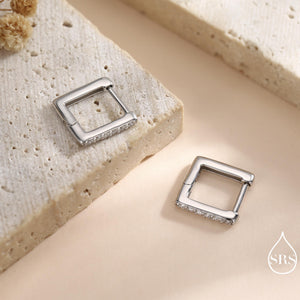 CZ Pave Square Huggie Hoop in Sterling Silver, Skinny Geometric Hoop Earrings, Gold or Silver Finish, 8Mm Minimalist Hoops