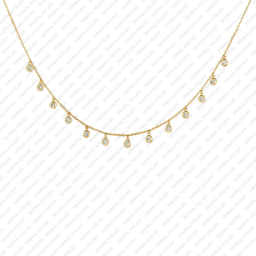 0.75Ct Lab Grown Diamond Brilliant round 13 Drop Bezel with Chain Necklace Solid 14K Gold Moissanite Station Necklace, Handmade Jewelry