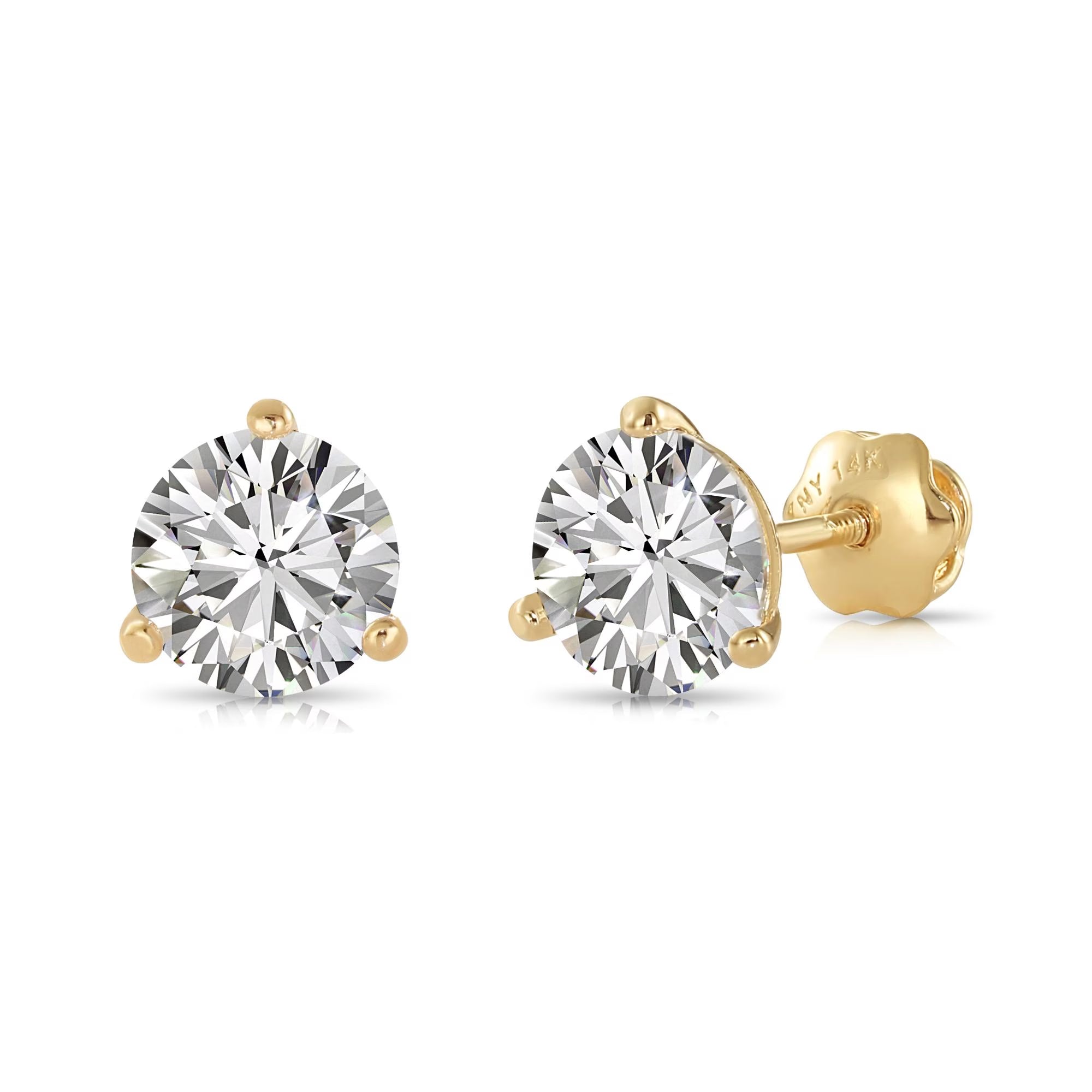 14K Yellow Gold Lab Diamond Stud Earrings, CVD Brilliant-Cut Diamond Studs, Martini 3-Prong Set Studs, with Secure Screwbacks, by TILO