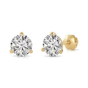 14K Yellow Gold Lab Diamond Stud Earrings, CVD Brilliant-Cut Diamond Studs, Martini 3-Prong Set Studs, with Secure Screwbacks, by TILO