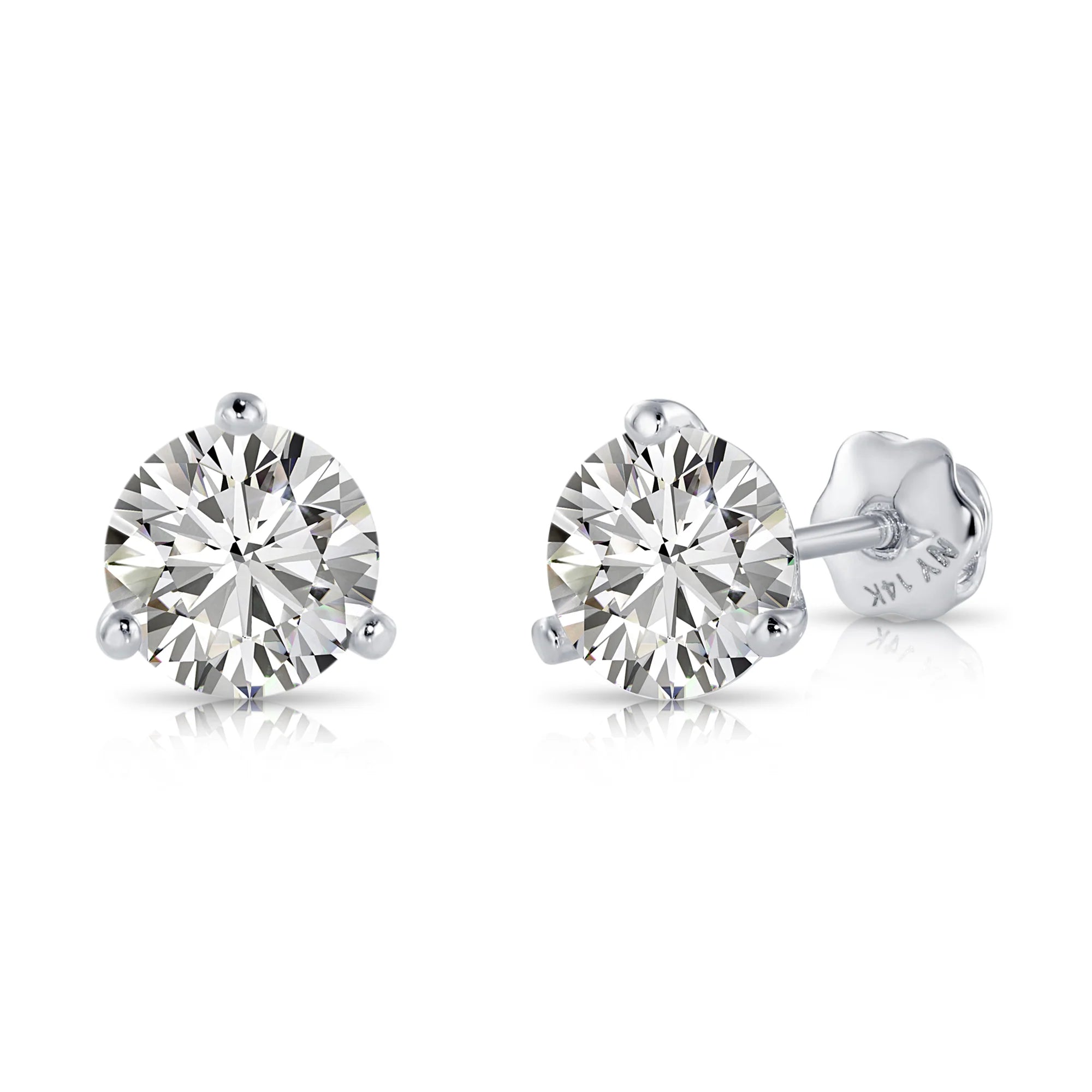 14K White Gold Brilliant-Cut Lab Diamond Studs, Classic Martini 3-Prong Setting, Screwback