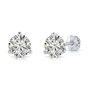 14K White Gold Brilliant-Cut Lab Diamond Studs, Classic Martini 3-Prong Setting, Screwback