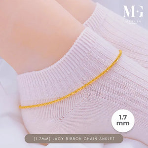 22K 916 Gold (1.7Mm) Lacy Ribbon Chain Anklet with Dangle Bell