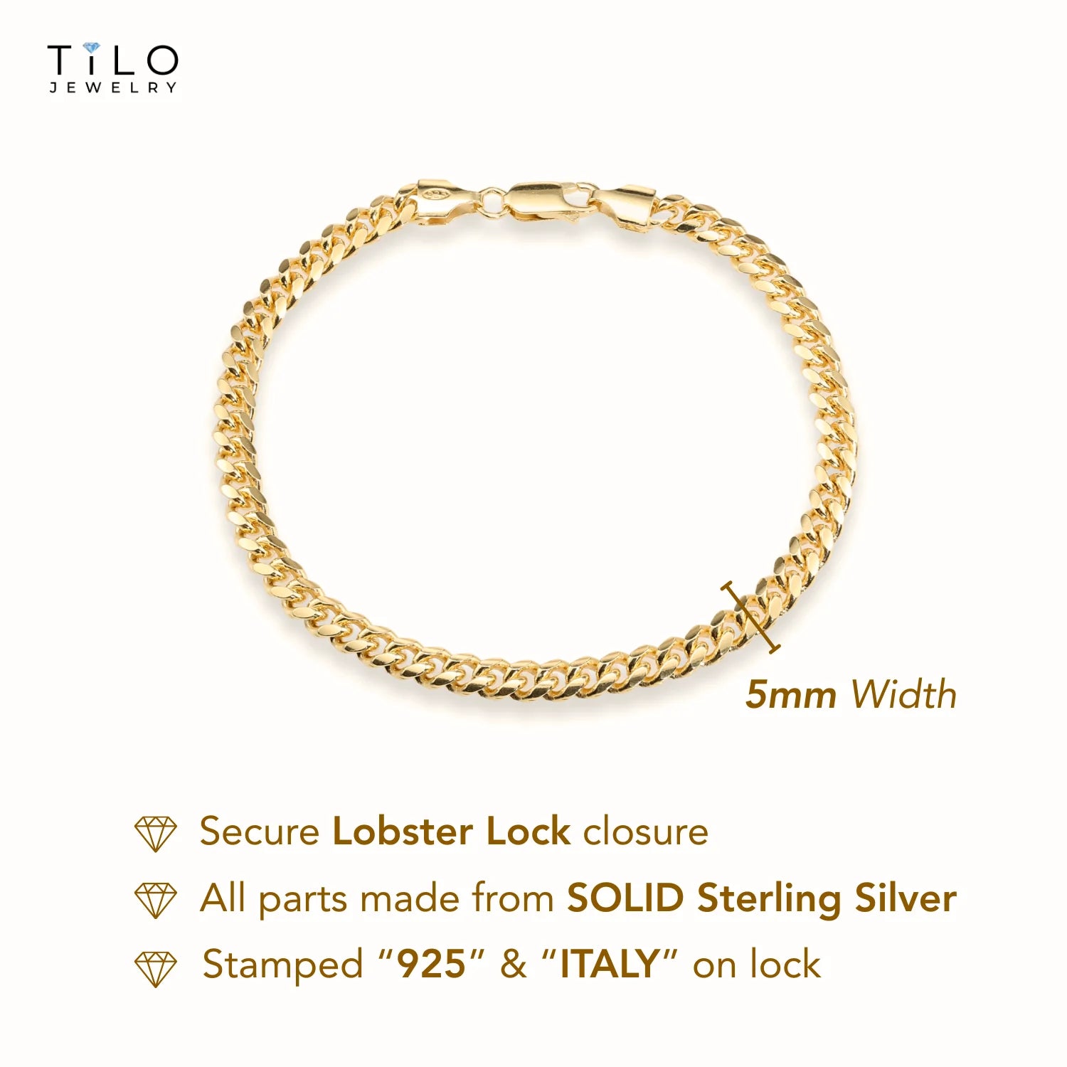 925 Sterling Silver Gold Plated Miami Cuban Link Bracelet, 5Mm Thick