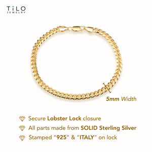 925 Sterling Silver Gold Plated Miami Cuban Link Bracelet, 5Mm Thick
