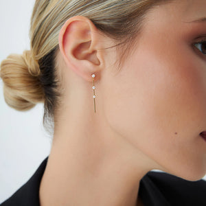 Gold Linear Bar Triple Diamond Drop Earrings, 14K Gold Bar Earrings, 0.28 Ctw Diamond Station Dangle Earrings, Trendy Earring Gift for Her