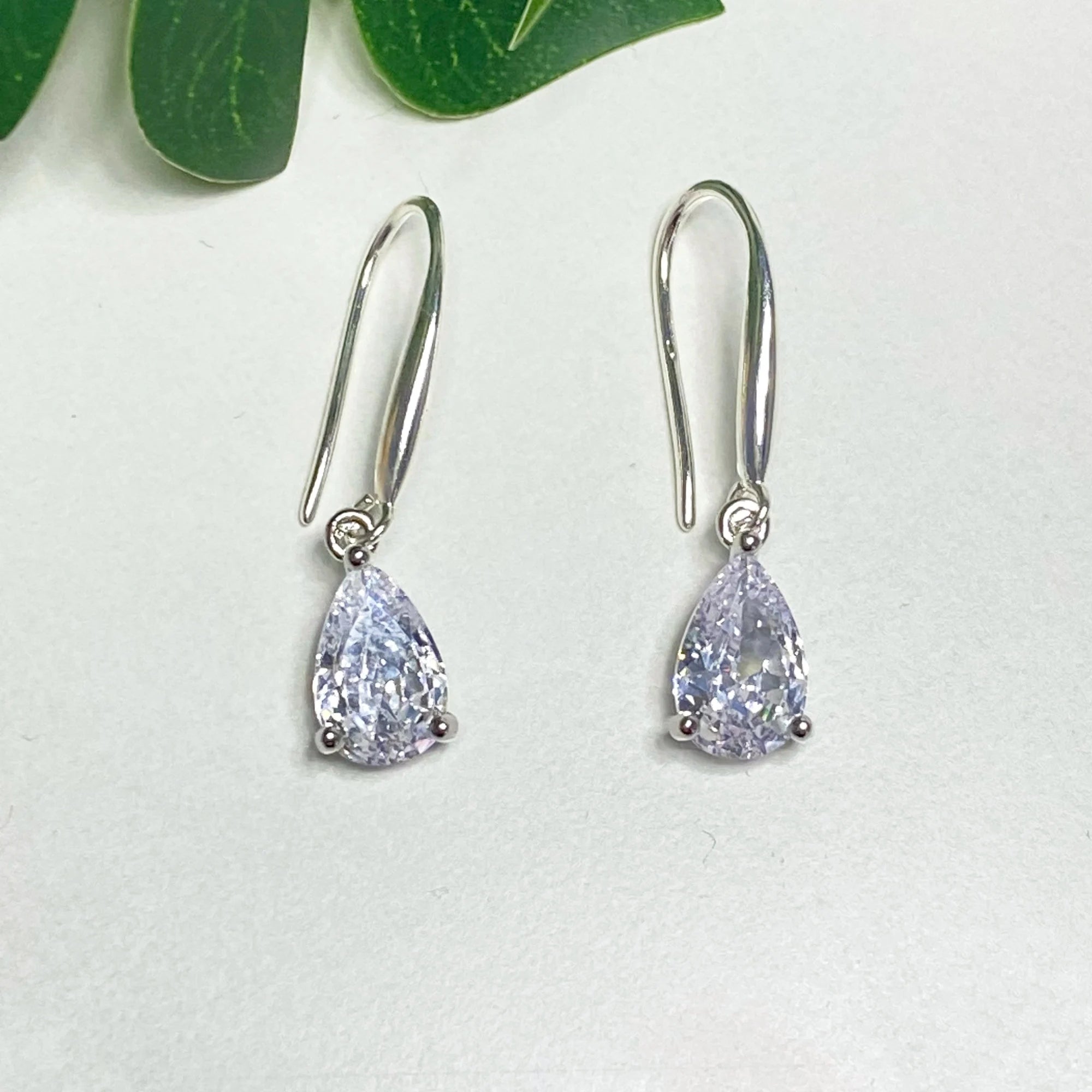 Teardrop Crystal Earrings: Sterling Silver Hooks, CZ Diamond Simulation