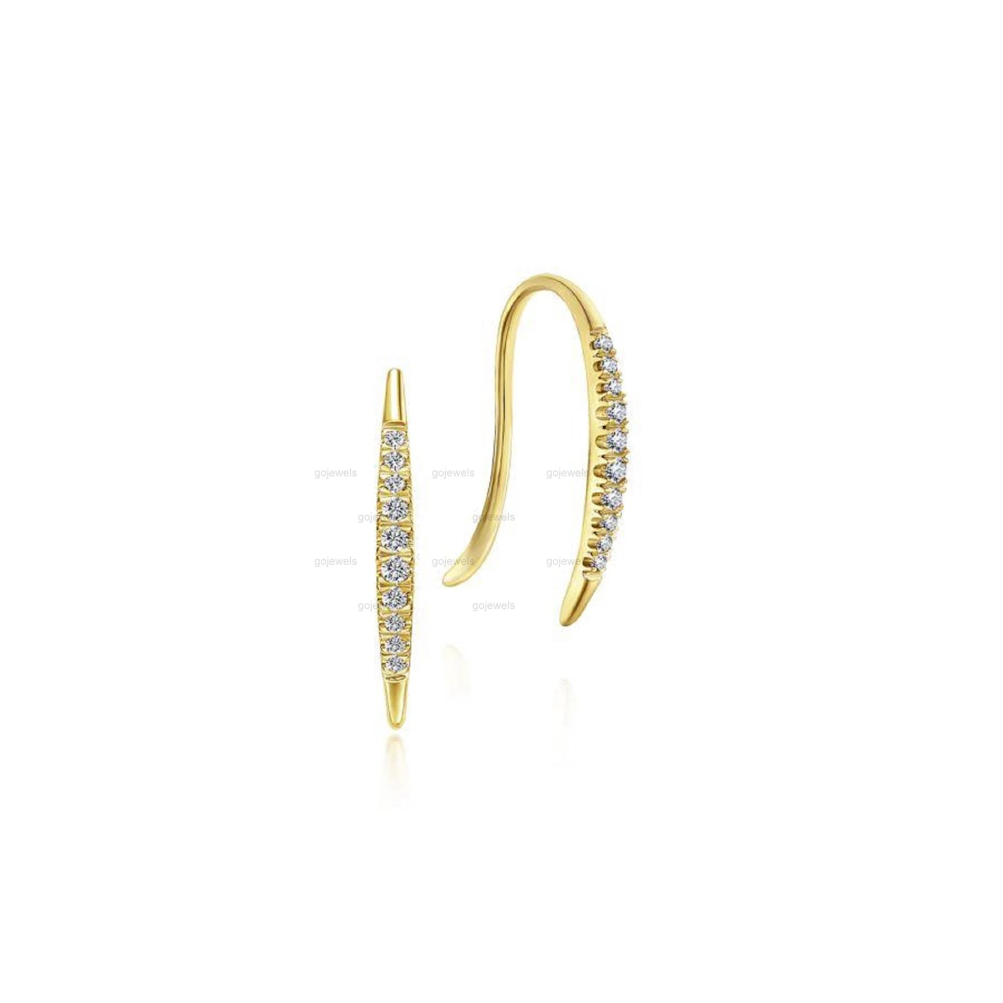 Tapered Moissanite Threader Drop Earrings, 14K Rose Gold Diamond Threader Earrings, Minimalist Threader Hook Earrings Thin Diamond Arc Hoops