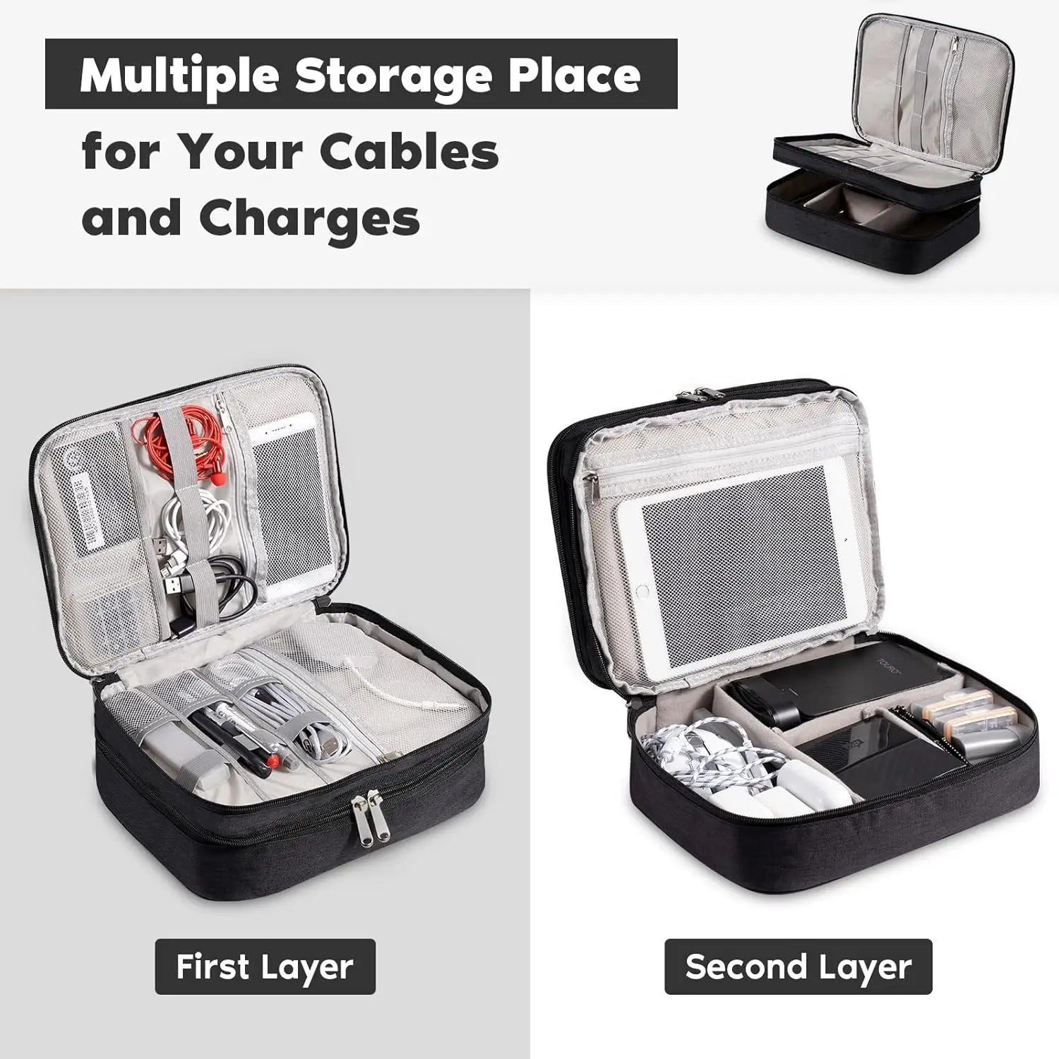 Three Layer Digital Storage Bag Multi-Functional Cable Storage Box Portable Waterproof Travel Case for Data Mobile Power Bank